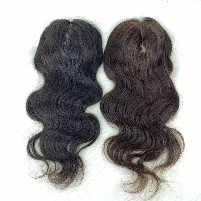 15x16CM European Human Hair Topper Wavy Silk Skin Base Toupee Virgin Hair Extension with Clips in Hairpieces for Women Overlay