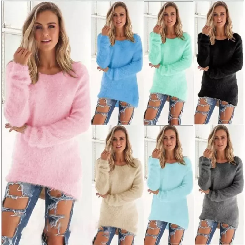 Suéter largo de punto de algodón suelto para mujer, suéter cálido de Color sólido con cuello redondo, blusa informal de gran tamaño, ropa Hipster para mujer