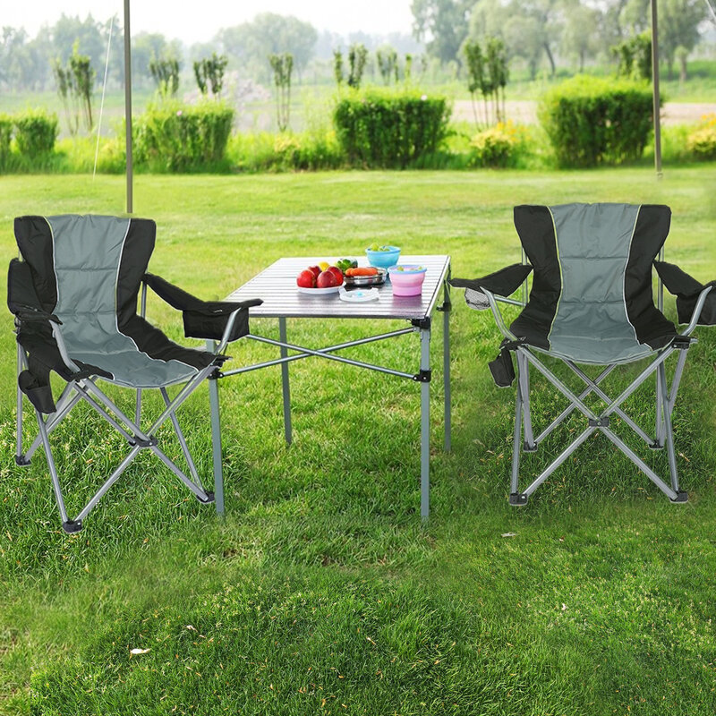 YSSOA-silla plegable para acampada, asiento con bolsa de refrigeración lateral, portavasos y marco de acero resistente, cuatriciclo totalmente acolchado, color gris