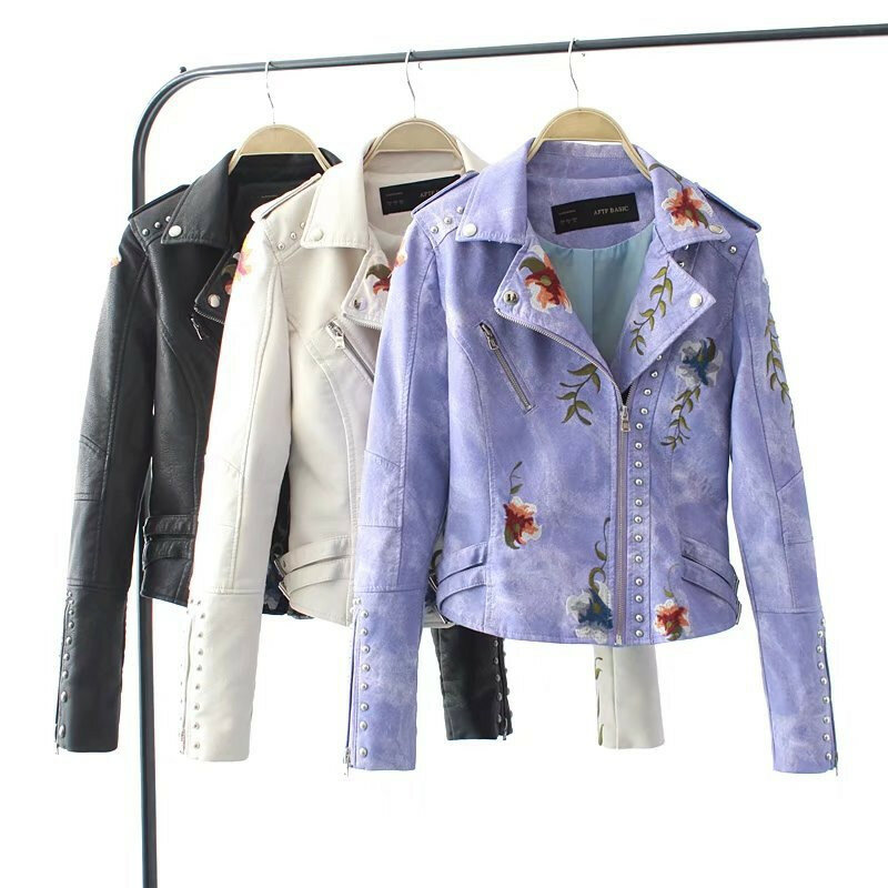Женская винтажная байкерская куртка UHYTGF, Черная байкерская куртка из искусственной кожи с цветочным принтом и вышивкой, с отложным воротником, верхняя одежда в стиле панк, 2764