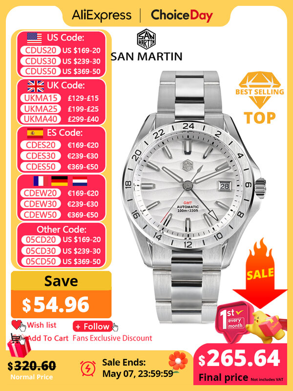 San Martin-Relógio mecânico automático masculino, relógio luminoso impermeável, textura do deserto, vestido de luxo, GMT, NH34, 39mm, 100m, SN0129, Novo