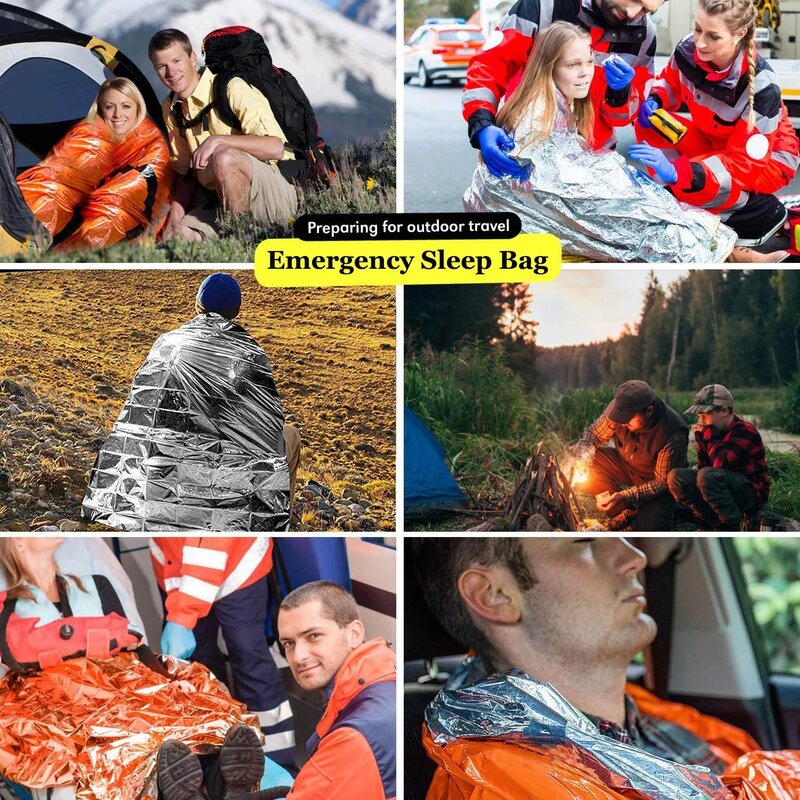 Saco de dormir de emergencia impermeable portátil, equipo de Camping, senderismo, Bivy térmico, Kit de rescate de primeros auxilios, manta Mylar