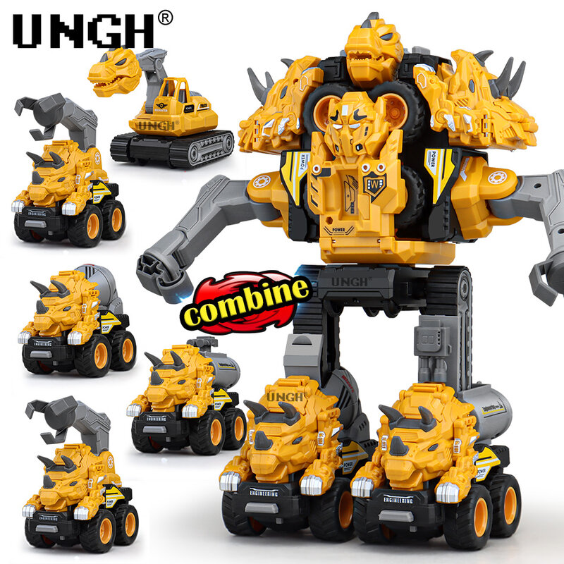 UNGH Children Jurassic Dinosaur One-Key Transformation Robot Toys Models Deformed Inertial Car 5in1 Mecha Toy For Kids Boy