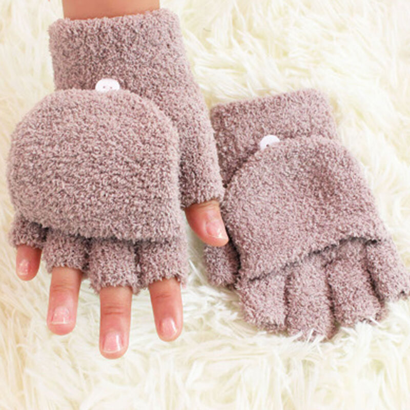 Zimowe miękkie rękawiczki na pół palca w jednolitym kolorze pluszowe rękawiczki z ciepłą klapką zagęszczają rękawice termiczne damskie z ekranem dotykowym osłona klapki rękawice