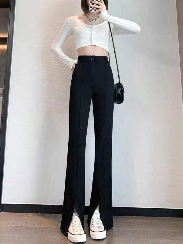 Rozszczepione spodnie damskie wiosenne i letnie lekkie spodnie z wysokim stanem czarne spodnie dzwony casualowe spodnie damski garnitur oficjalny