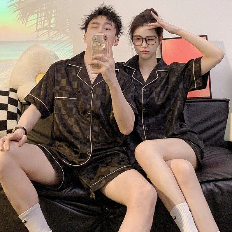 Korean Couple Pajamas Suit Men Women Summer Ice Silk Thin Sleepwear Short-sleeved Home Clothing Lovers Loungwear Male Female