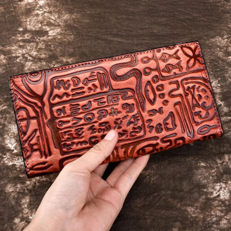 Naturalna skóra podwójnie składana kopertówka poręczne torby etui na karty w stylu Vintage z wytłoczonym moneta z prawdziwej skóry damski długi portfel