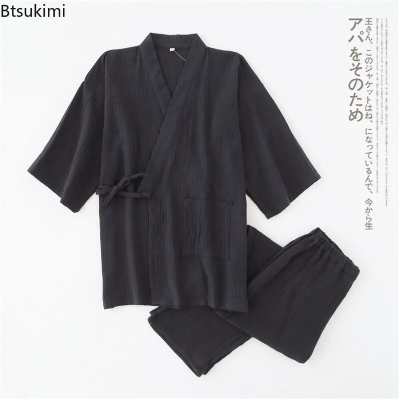 2024 Kimono giapponese pigiama solido da uomo due pezzi semplice panno di Crepe di cotone Plus Size top con lacci pantaloni set di servizi a domicilio