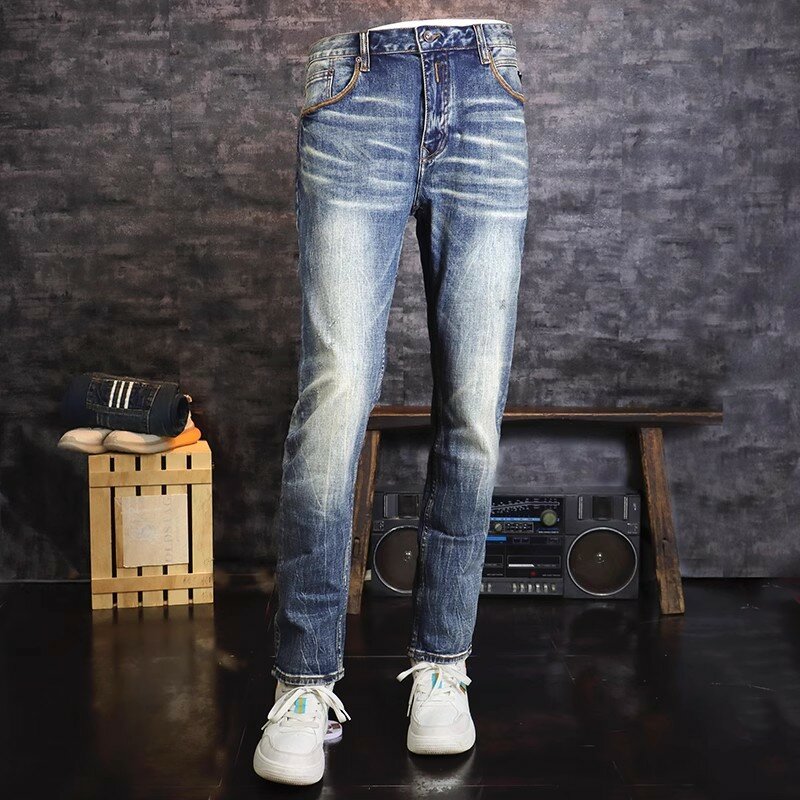 Джинсы мужские в стиле ретро, модные рваные джинсы, винтажные дизайнерские брюки из денима, стрейч Slim Fit, цвет голубой потертый, в итальянском стиле
