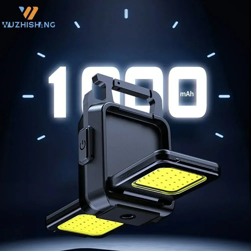 COB LED Pocket Work Light Folding 1000LM Mini Keychain Light 7 Modes USB Rechargeable IPX4 Waterproof for Outdoor Camping Hiking