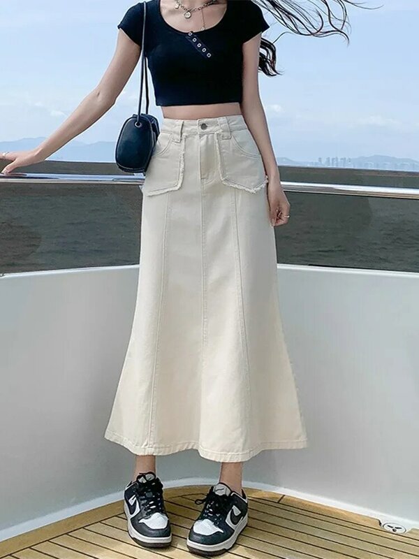 تنورة الدنيم GUUZYUVIZ المرأة الصيف عادية عالية الخصر جيب ميدي تنورة السيدات الكورية أزياء حورية البحر تنورة الإناث