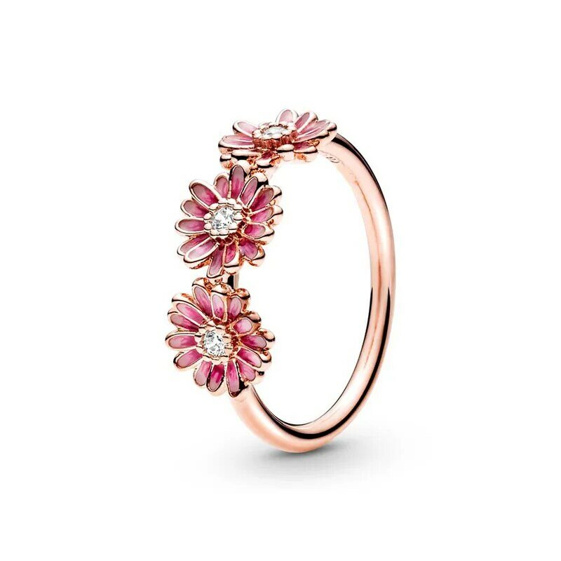 2024ใหม่แหวนเงิน925เพิ่มขึ้นในแหวนดอกเดซี่สีชมพูแหวนดอกไม้ Pandora ของขวัญผู้หญิงเครื่องประดับดี DIY