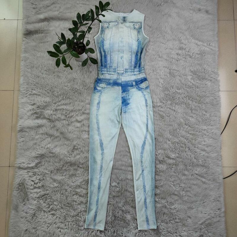 Jeansowy wzór nadruki spodnie kombinezon kobiety bez rękawów wysoki stan jednoczęściowy garnitur na przyjęcie urodzinowe wieczorowa, Sexy kombinezony Bodycon
