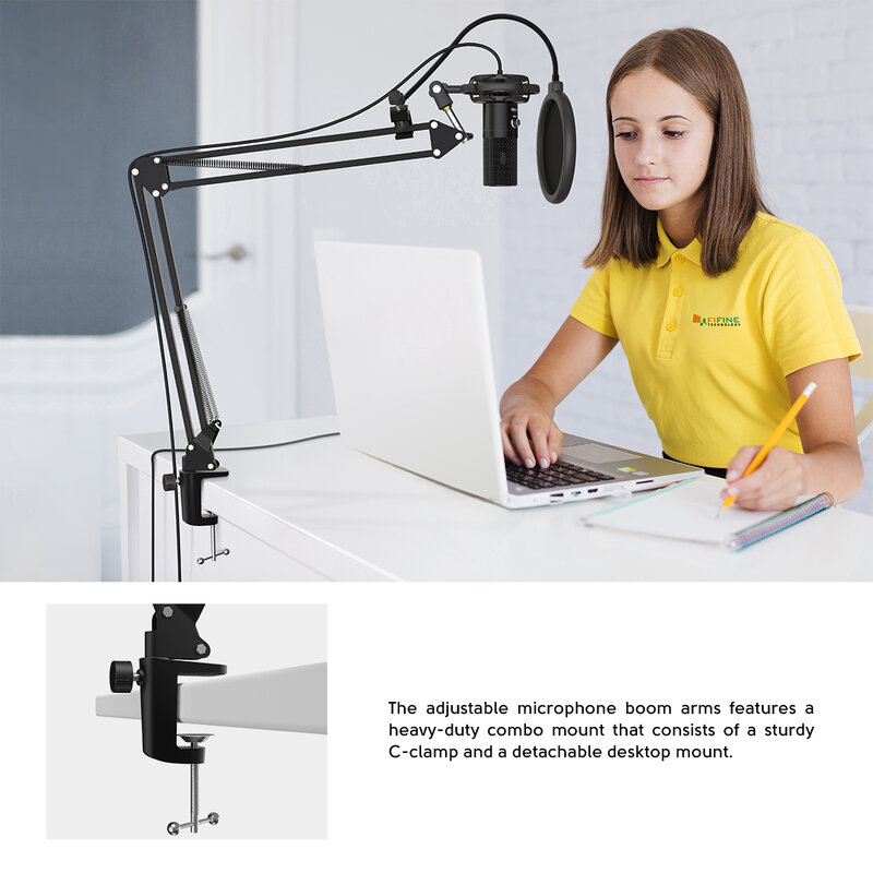 FIFINE Studio Condenser USB Computer Microphone Kit With Adjustable Scissor Arm Stand Shock Mount for YouTube Voice Overs-T669