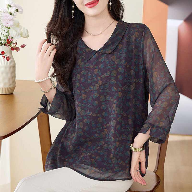 Spring Summer New V-neck Fashion Long Sleeve Blouse High Street Casual Loose Pullovers Vintage Printing Thin All-match Chic Top