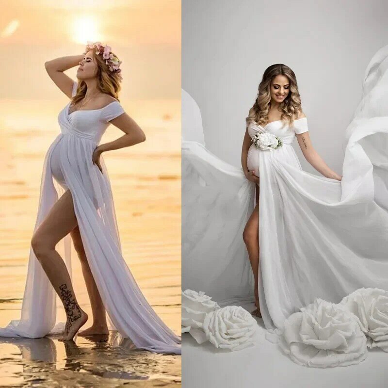 白い伸縮性のあるシフォンマタニティドレス、裸の肩のドレス、分割前のマキシ妊娠ドレス、写真のためのボディスーツ