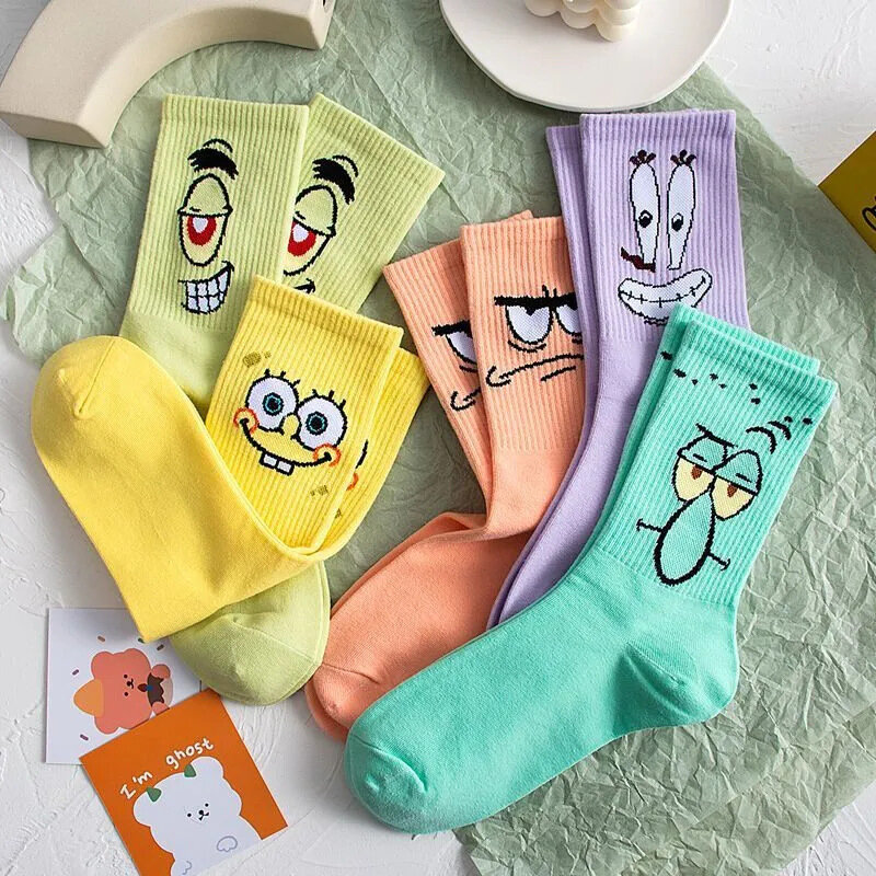 Sponge-Bob Funky Harajuku tren wanita warna-warni lucu kaus kaki Anime kartun gadis Kawaii kaus kaki Unisex musim gugur kejutan Mid hadiah kaus kaki