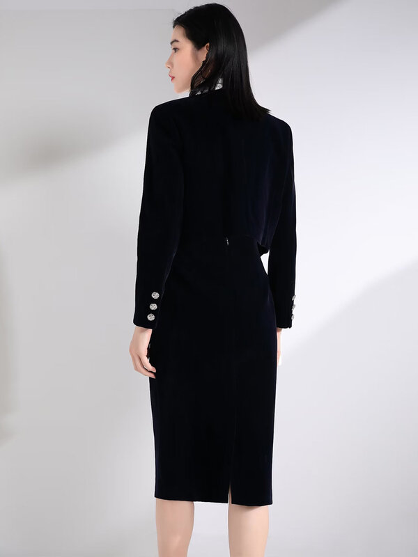 Nowy jesienny damski 2-częściowy zestaw wysokiej jakości czarne szykowne płaszcz z wybiegów mody topy na co dzień pół spódniczka elegancka elegancka aksamitny garnitur imprezowa w stylu Vintage