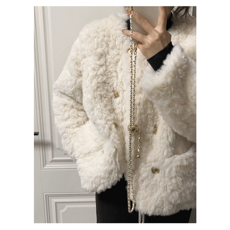 Jaket katun kasmir musim gugur wanita, mantel wanita putih Perancis bulu palsu elegan modis kasual longgar tebal hangat baru