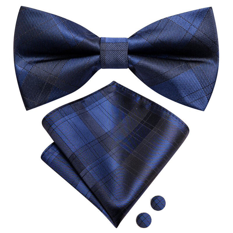 Hi-Tie Plaid Navy Blue Men Bow Tie Hankerchief Cufflink Pre-tied Silk Butterfly Knot Bowtie for Male Business Party Wholesale