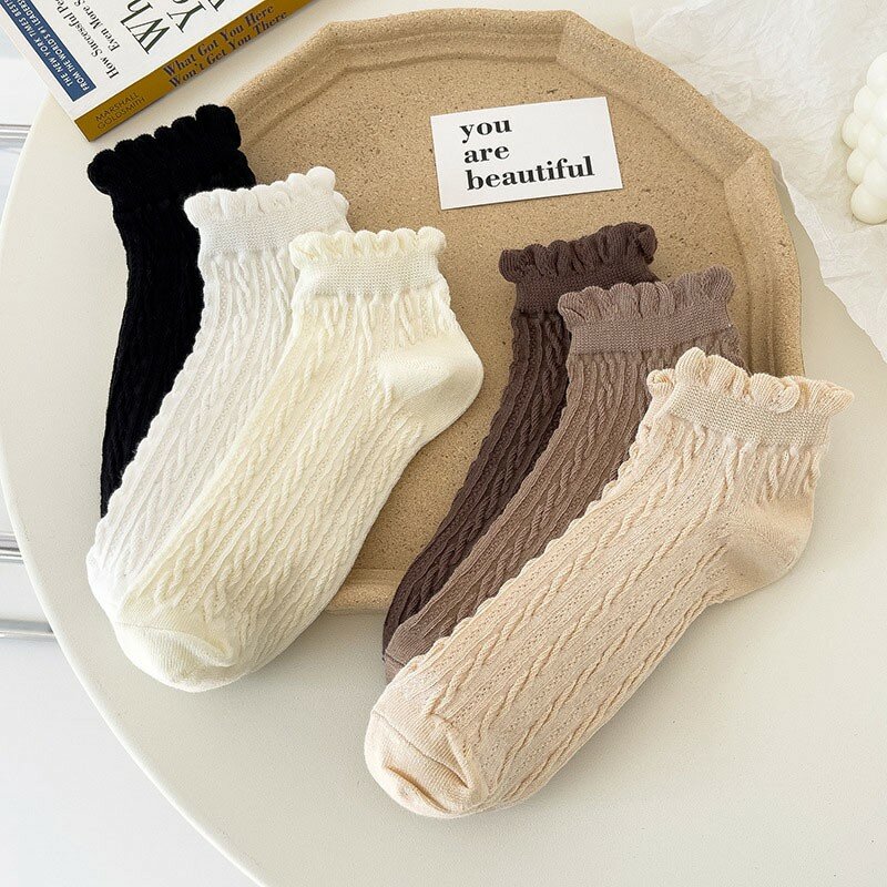 Socks Women's Kawaii Lace Simple Solid Color Twists Cotton Socks Comfortable Fashion Versatile Women's No Show Socks K101