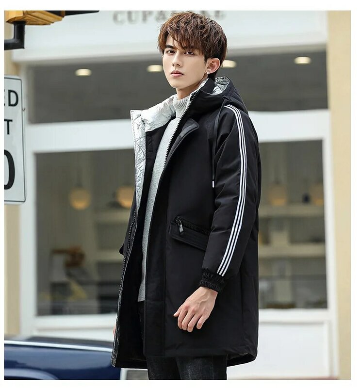 Мужской зимний пуховик средней длины, молодежное пальто из белого утиного пуха и хлопка, модное повседневное пальто в Корейском стиле