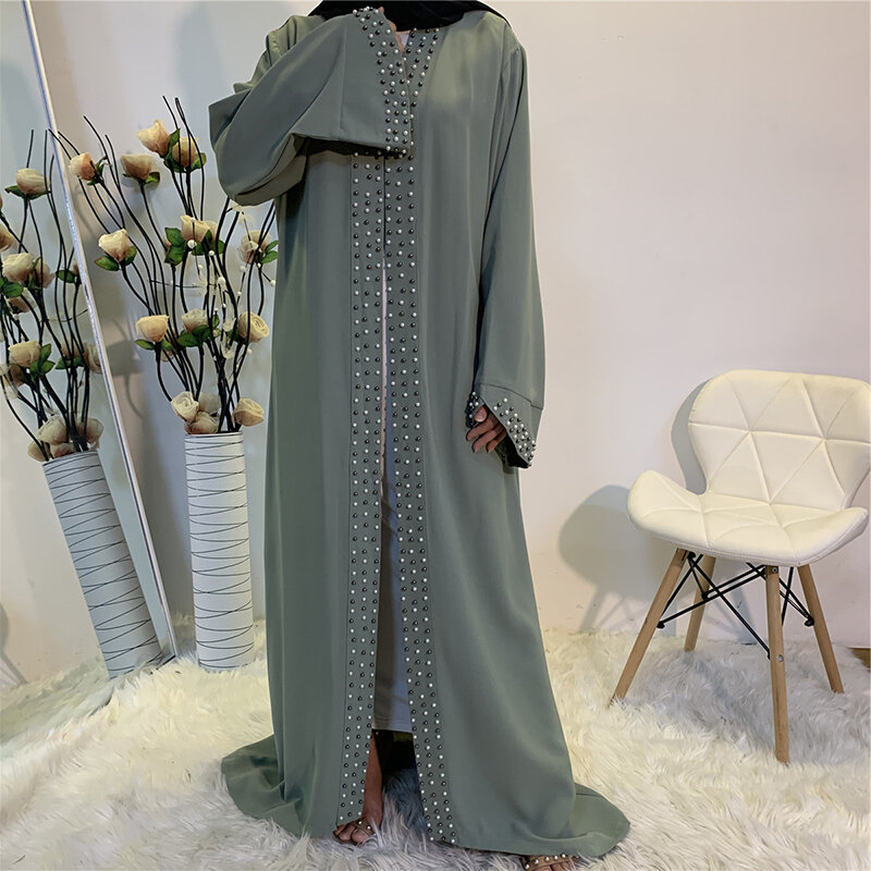 Cardigã árabe de lazer, casaco manga comprida, muçulmano, à prova de vento, manga comprida, miçangas separadas, seda gelada, rugas, moda elegante, cor limpa