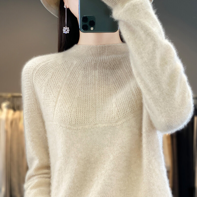 Loose Pullover Sweater Women's Half High Neck Long Sleeve Underlay Knitted Hollow Seamless Sweater New Autumn/Winter Large Sizes
