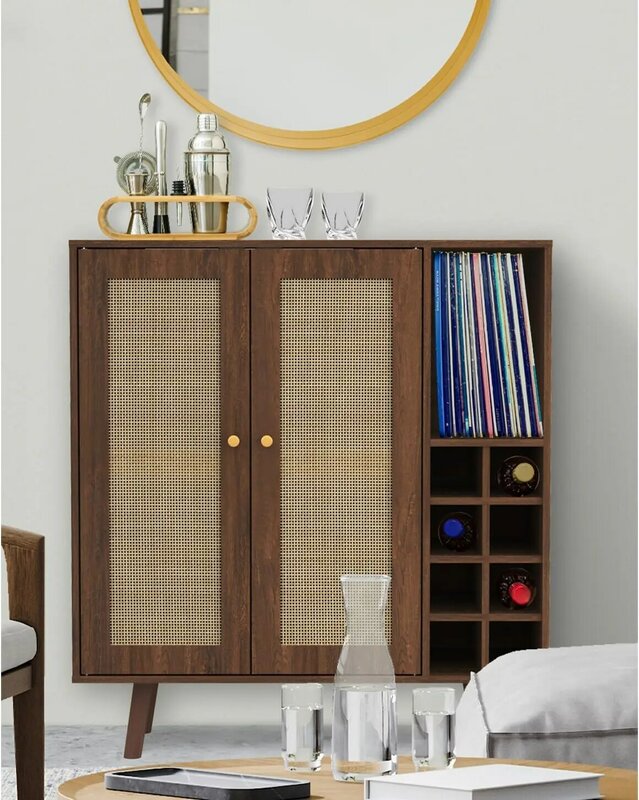 Mid-Century Natural Rattan Panels Bar Cabinet with Storage, Dining Room Kitchen Walnut Finish Cabinet Open Storage Shelves