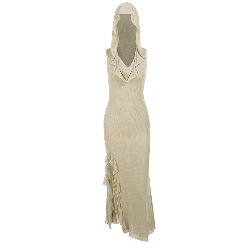 Vestido longo feminino com capuz Split Ruffle Edge, Design de malha, menina picante, moda outono, CF23049