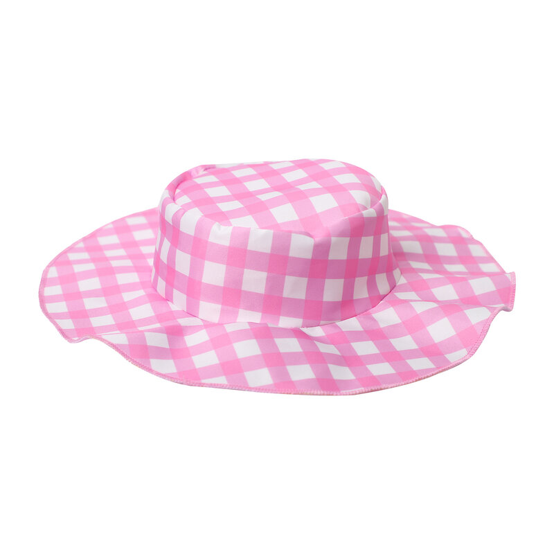 Kids Girls Doll Cosplay Dress Up Role Play Costume Accessory Hat Pink Plaid Print Big Brim Hat