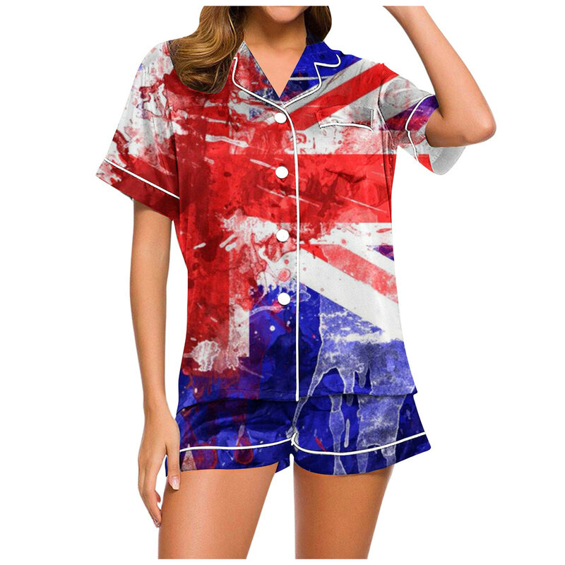 Женская пижама из 2 предметов на День независимости, летняя одежда для отдыха с принтом Love и короткими рукавами, рубашка на пуговицах и шорты, Пижама
