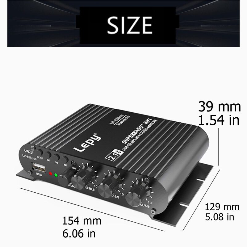 LEPY 838 USB 블루투스 5.0 서브우퍼 앰프, HIFI 2.1 Ch 12V 자동차 홈 앰프, USB 드라이브 무손실 음악, 4-8 Ohm 스피커에 적합