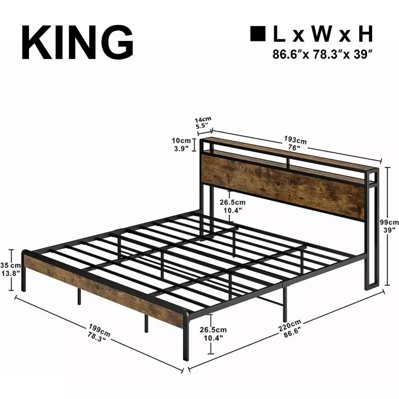Rama łóżka duży rozmiar LIKIMIO, łóżko z pełnymi bokami z dwupoziomowym zagłówkiem do przechowywania, solidne i stabilne, wolne od hałasu, bez sprężyny skrzynowej, Eas