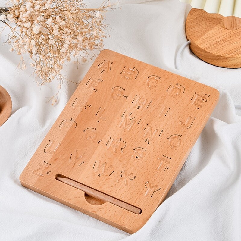 Tablero de práctica de letras de madera, herramienta de trazado del alfabeto de doble cara, regalo educativo ABC para Niños en edad preescolar