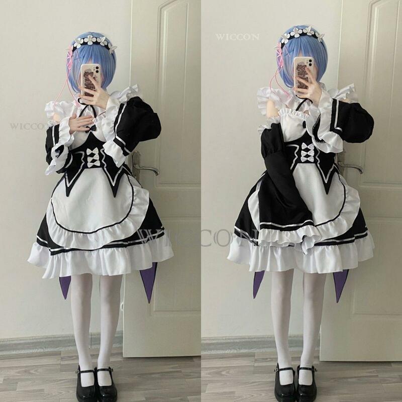 Kostum Cosplay pelayan Rem Anime Ram Lolita Vestido Re:zero Kara ajimru Isekai Kostum Halloween untuk wanita gaun Loli