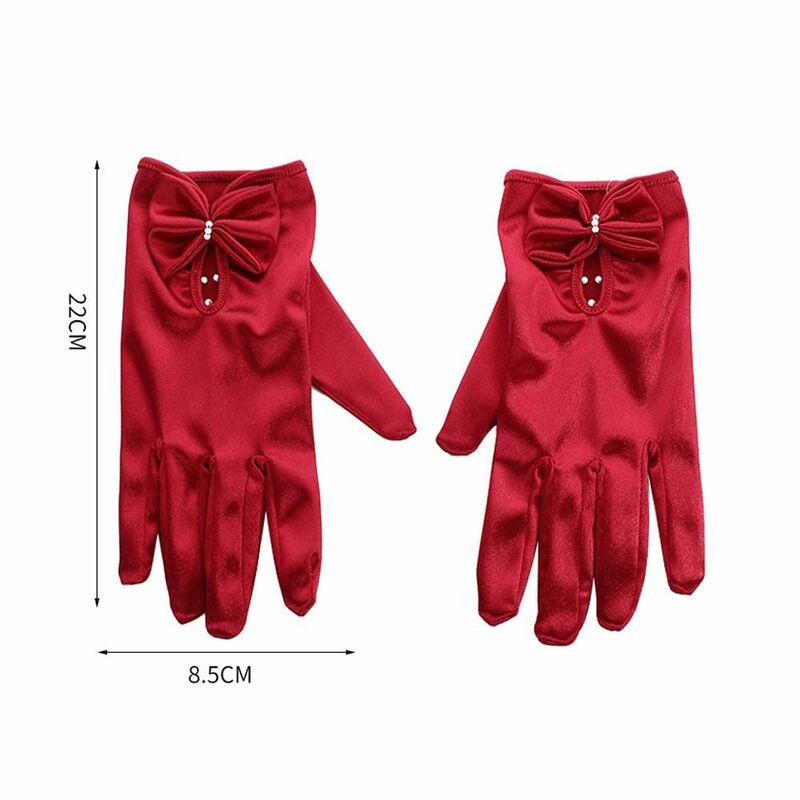 Women Thin Prom Dinner Gloves Pearl Red Bridal Women Gloves Bow Gloves Wedding Bridal Gloves Satin Mittens