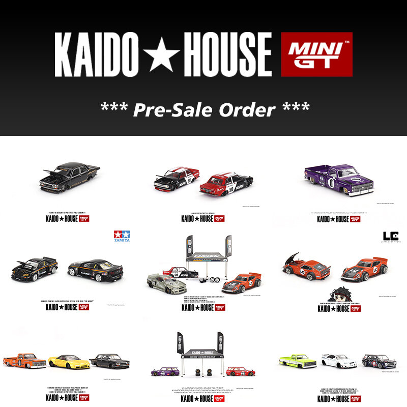 예약 구매 Kaido House MINIGT 1:64 스카이라인 GTR R34 탄소 510 왜건 240Z 실베라도 다이캐스트 디오라마 자동차 모델 장난감