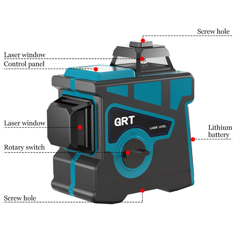 GRT-3D Nível Laser, 12 Linhas, Auto-Nivelamento, 360 Graus, Cruz Horizontal e Vertical, Super Poderoso, Nível Laser Azul