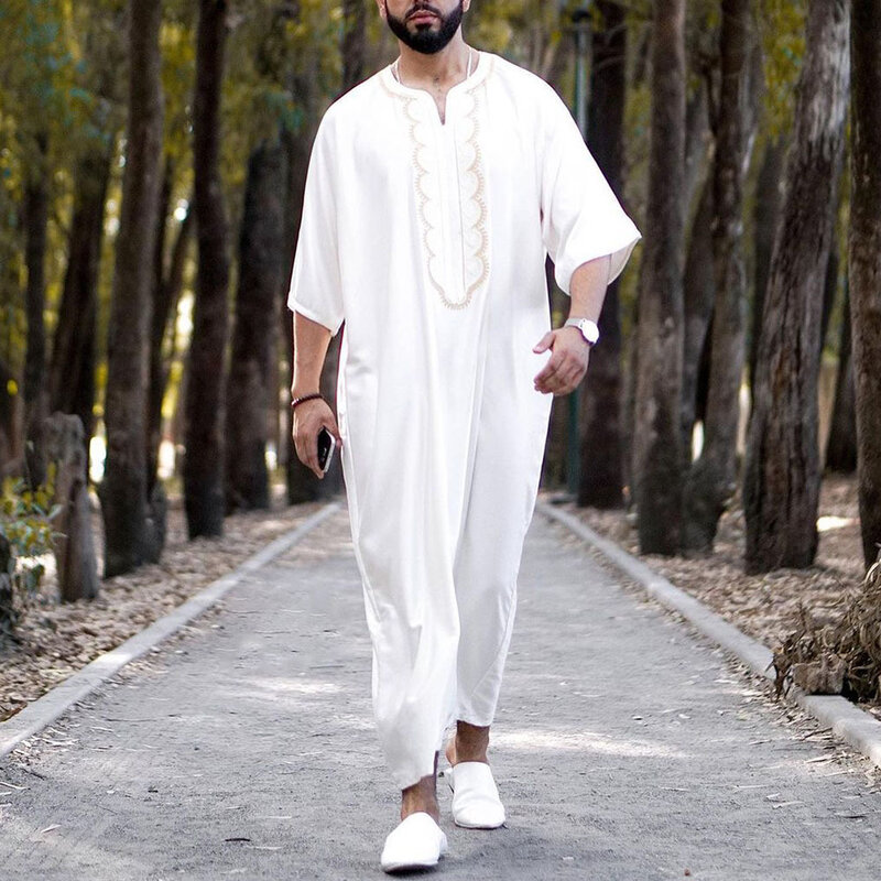 Muslim Islamic Robe Kaftan Long Sleeve Dress Arabic Loose Vintage Male Kaftan Dubai Saudi Arab Men Clothing White Wedding Party