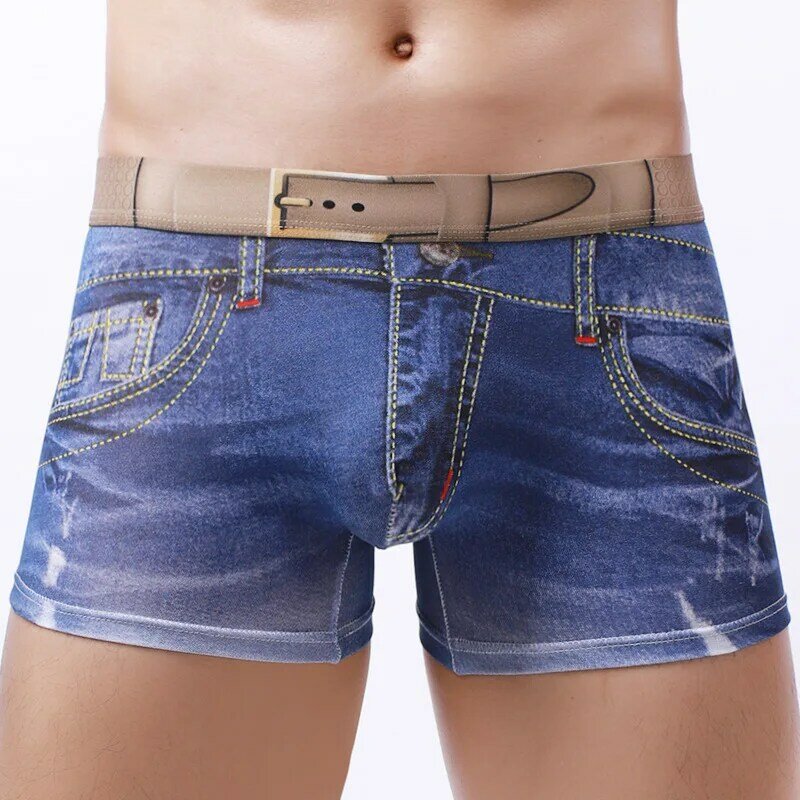 Roupa íntima jeans masculina, boxers sexy estampados em 3D, shorts estilo jeans, bolsa convexa de vaqueiro, cueca de algodão, calcinha da moda
