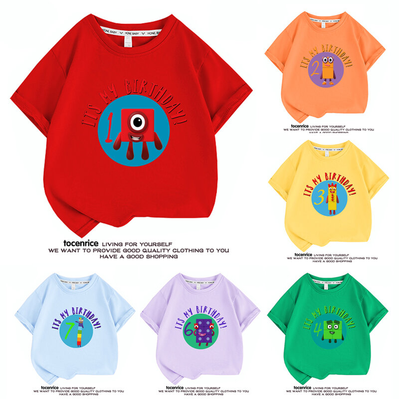 T-shirt gráfica para meninos e meninas, roupas infantis, tops de desenhos animados infantis, verão, feliz aniversário, fofos, 2, 3, 4, 5