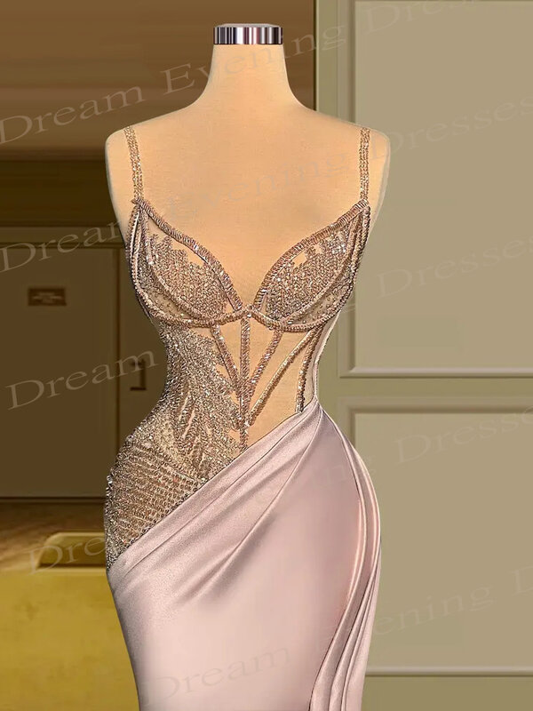 Exquisite Pink Mermaid Beautiful Evening Dresses Spaghetti Straps Sleeveless Prom Gowns Sequined Vestidos De Fiesta Elegantes