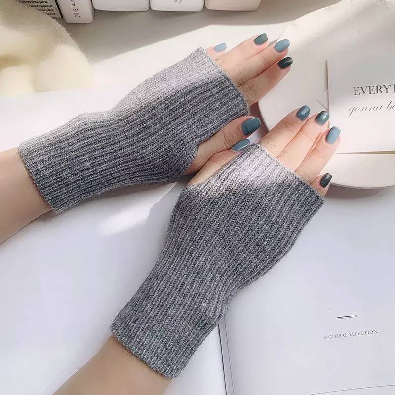 New Winter Half Finger Gloves For Women Girls Fashion Soft Wool Knitted Gloves Solid Color Classic Arm Gloves Fingerless Mittens