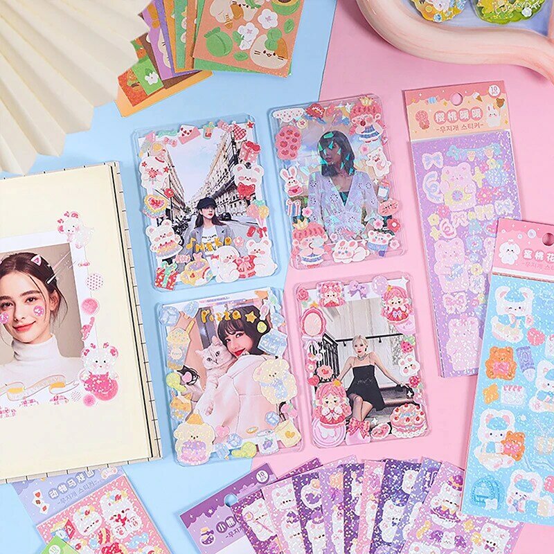 10 pezzi Kawaii coreano Deco Sticker Pack Cute Colorful Cartoon Designs Sparkling Glitter Effect Diary Deco