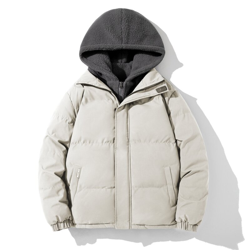 Winter Men's Hooded Fake Two-piece Down Cotton Jacket Fashion Casual Oversized Loose Fitting Thickened Warm Cotton Jacket