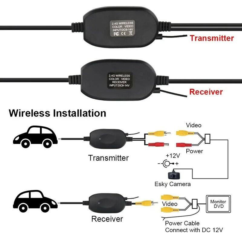 Transmissor de vídeo sem fio e kit receptor para carro, câmera de visão traseira, tela do monitor DVD, Reverse Backup Retrovisor Cam, 2.4G