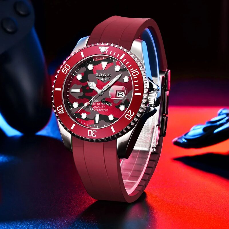 LIGE 남성용 스포츠 레드 실리콘 시계, 탑 브랜드 럭셔리 위장 쿼츠 손목 시계, 새로운 패션