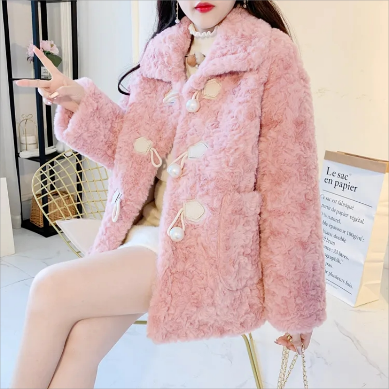 Новинка 2023, зимнее плюшевое пальто из искусственного кроличьего меха, Женская Корейская версия свободного кроя, пальто из искусственного меха ягненка