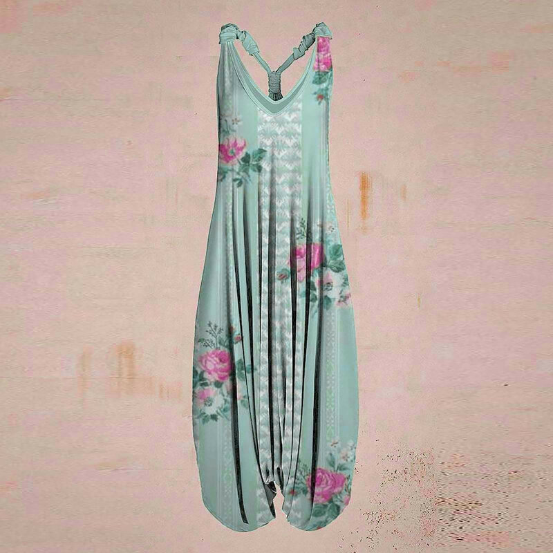 Wide Leg Bohemian Loose Overall Jumpsuit Ethnic Vintage Paisley Floral Printing Women Rompers Backless Harem Bloomers Playsuit